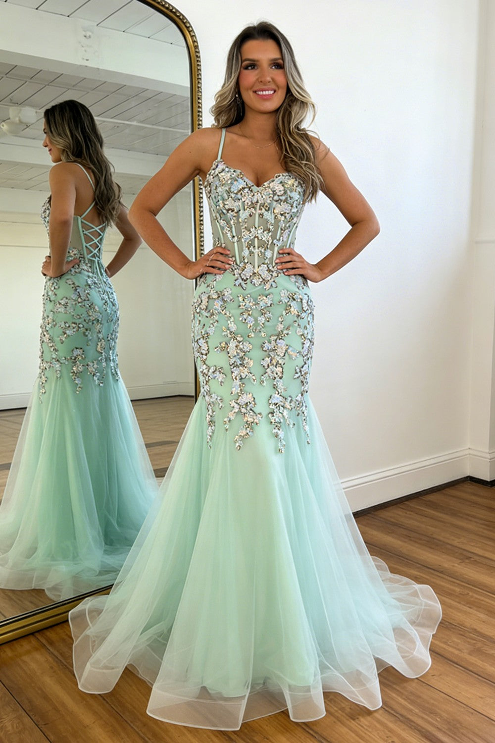 Glitter Sequin Mint Green Spaghetti Strap Corset Prom Dress with Tulle Skirt