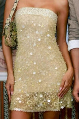 Chic Short Sequin Homecoming Dress with Strapless Bodice and All Over Sparkle