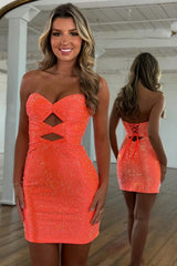 Sexy Bodycon Beaded Homecoming Dress with Lace Up Back and Sparkly Details