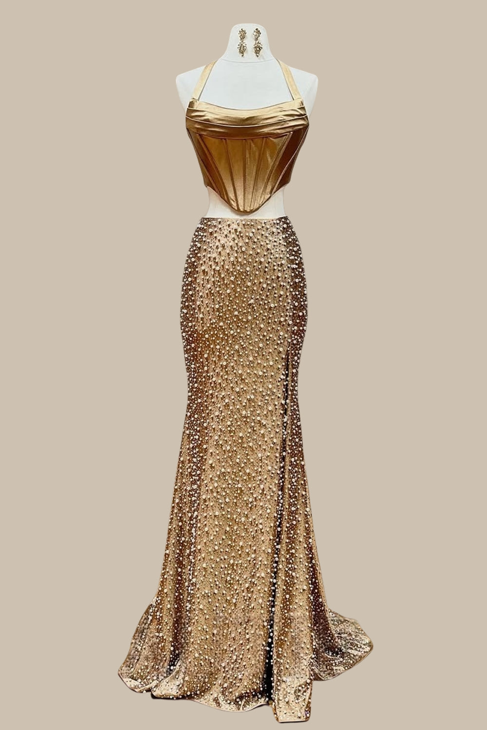Gold Two-Piece Halter Satin Top Prom Dress with Beaded Mermaid Skirt