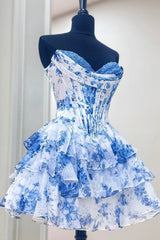 Sweet Floral Mini Homecoming Dress with Sweetheart Top and Ruffled Layers