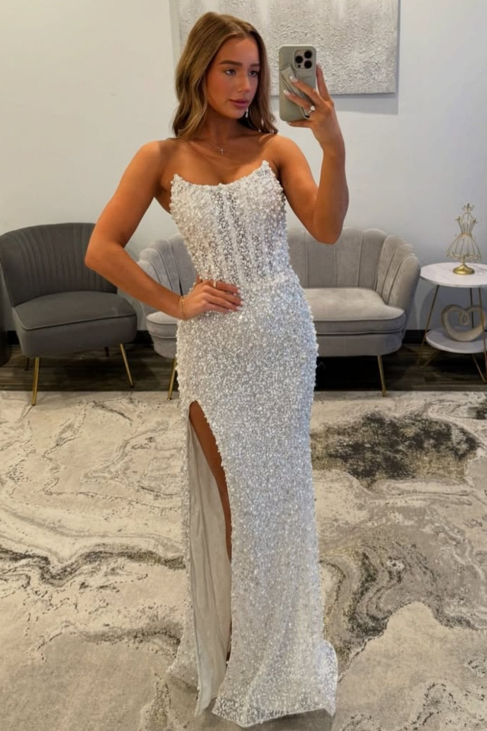 White Strapless Mermaid Prom Dress with Pearl Embellishments and Side Slit