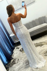 White Strapless Mermaid Prom Dress with Pearl Embellishments and Side Slit