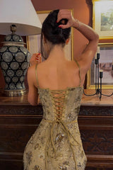Green Spaghetti Strap Mermaid Prom Dress with Lace Bodice and Floral Appliques