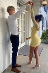 Short Yellow Sheath Homecoming Dress with Sweetheart Neck and Pearls
