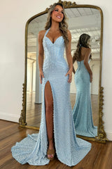 Stunning Light Blue Halter Mermaid Prom Dress with Pearls, Beading and High Slit