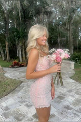 Pretty Light Pink Sheath Mini Homecoming Dress with Pearl Details