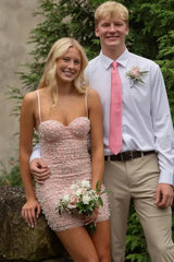 Pretty Light Pink Sheath Mini Homecoming Dress with Pearl Details