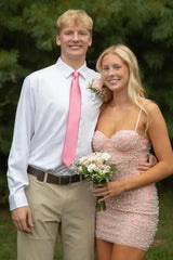 Pretty Light Pink Sheath Mini Homecoming Dress with Pearl Details