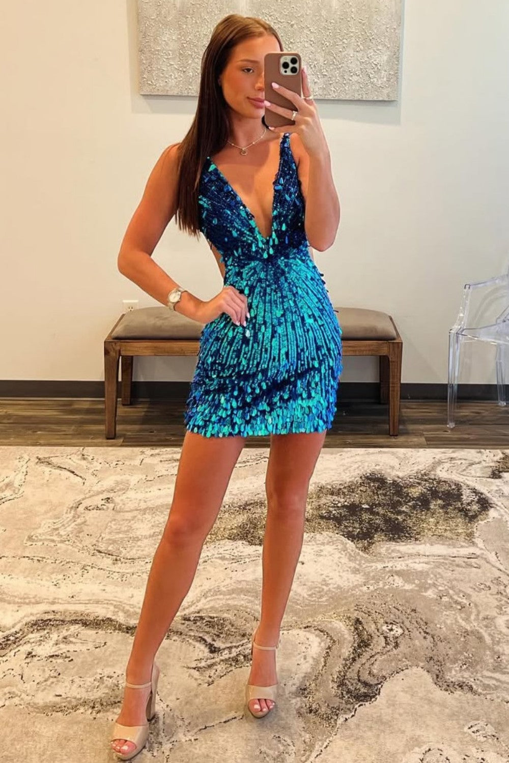 Sequin Mini Homecoming Dress with Deep V-Neck and Tight Silhouette