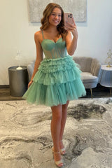 Stylish Green Short Homecoming Dress with Sparkle Tulle Skirt and Corset Bodice