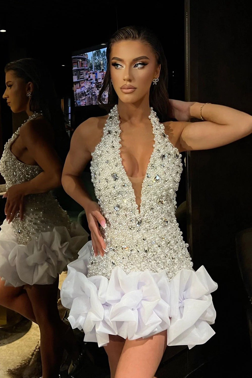Sparkly Pearl Crystal Homecoming Dress with Halter Neckline and Layered Ruffle Hem