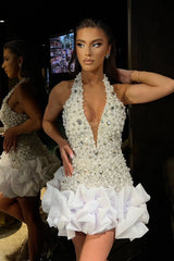 Sparkly Pearl Crystal Homecoming Dress with Halter Neckline and Layered Ruffle Hem