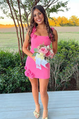 Chic Hot Pink Square Neck Hoco Dress with Floral Appliqué Detail