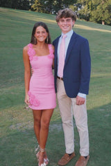 Chic Hot Pink Square Neck Hoco Dress with Floral Appliqué Detail