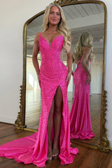 Chic Hot Pink Spaghetti Strap Prom Dress with Beaded Pearls and Front Slit