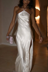 White Long Sheath Party Dress with Halter Neck, Front Slit and Beaded Bodice
