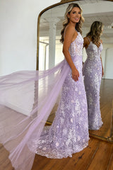 Chic Lavender Floral Embroidered Mermaid Prom Dress with Sheer Bodice & Train