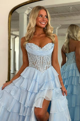 Chic Layered Ruffle A-Line Prom Dress with Embellished Lace Top and Leg Slit