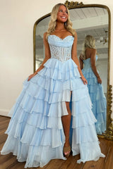 Chic Layered Ruffle A-Line Prom Dress with Embellished Lace Top and Leg Slit