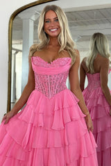 Chic Layered Ruffle A-Line Prom Dress with Embellished Lace Top and Leg Slit