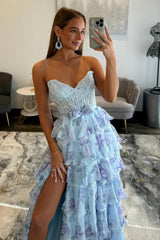 Romantic Light Blue A-Line Corset Prom Dress with Tiered Ruffles and Side Slit
