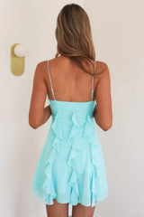 Dreamy Light Blue Ruffle Homecoming Dress with Thin Straps and Soft A Line Shape
