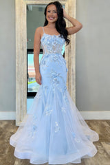 Light Blue Spaghetti Strap Mermaid Prom Dress with Floral Appliqué and Tulle Train