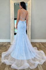 Light Blue Spaghetti Strap Mermaid Prom Dress with Floral Appliqué and Tulle Train