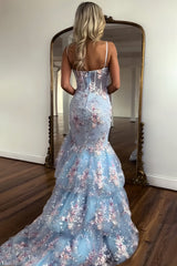 Chic Light Blue Mermaid Prom Gown with Floral Embroidery and Tiered Tulle Skirt