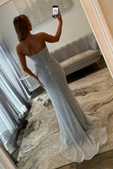Stunning Light Blue Strapless Mermaid Prom Dress with Pearls, Sparkles and High Slit