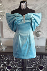 Modern Light Blue Off-the-Shoulder Dress with Rhinestone Embellishment