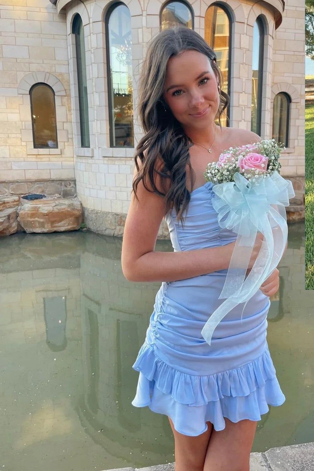 Chic Strapless Light Blue Hoco Dress with Ruched Bodice and Ruffle Hem