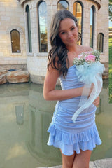 Chic Strapless Light Blue Hoco Dress with Ruched Bodice and Ruffle Hem
