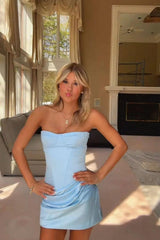Dreamy Light Blue Corset Homecoming Dress with Strapless Satin Mini Skirt
