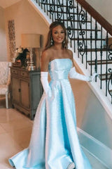 Romantic Light Blue Strapless Satin Prom Gown with Pearl Details