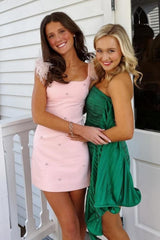 Light Pink Mini Hoco Dress with Delicate Feather Strap Detail