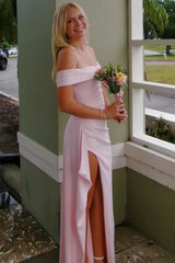 Chic Light Pink Mermaid Prom Dress with Off-Shoulder Bodice and Ruffled Side Slit