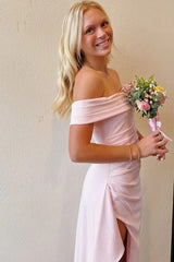 Chic Light Pink Mermaid Prom Dress with Off-Shoulder Bodice and Ruffled Side Slit