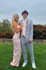Chic Light Pink Spaghetti Strap Prom Dress with Ruched Bodice and Leg Slit