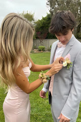 Chic Light Pink Spaghetti Strap Prom Dress with Ruched Bodice and Leg Slit