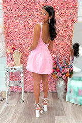 Cute Light Pink Mini Homecoming Dress with Open Back and Flared Skirt