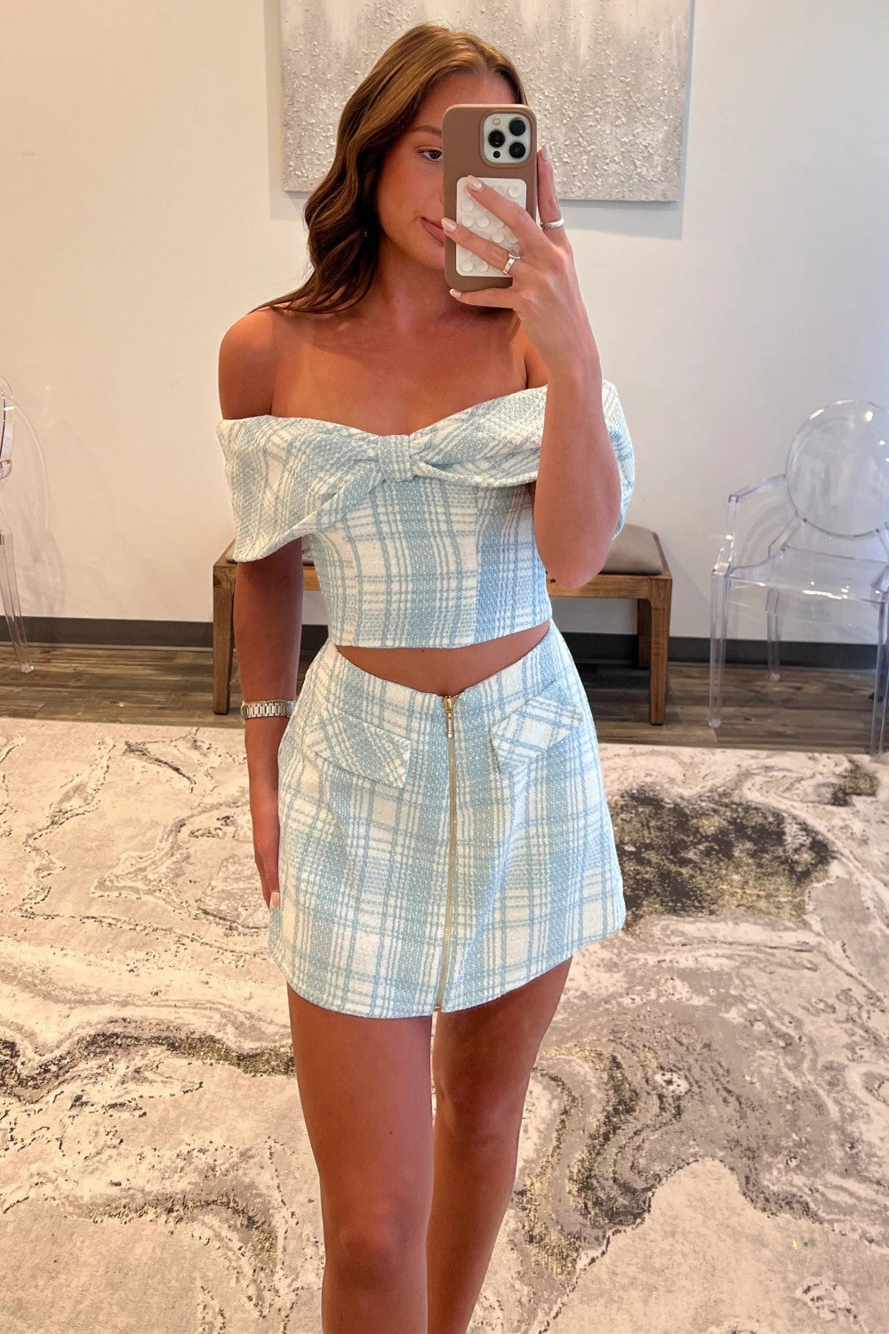 Stylish Light Blue Plaid Two Piece Party Dress with Off Shoulder Bow Top and Skirt