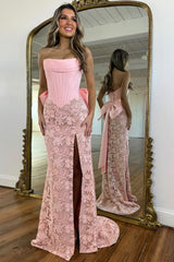 Elegant Light Blue Strapless Lace Corset Mermaid Prom Dress with Side Slit and Bow Back