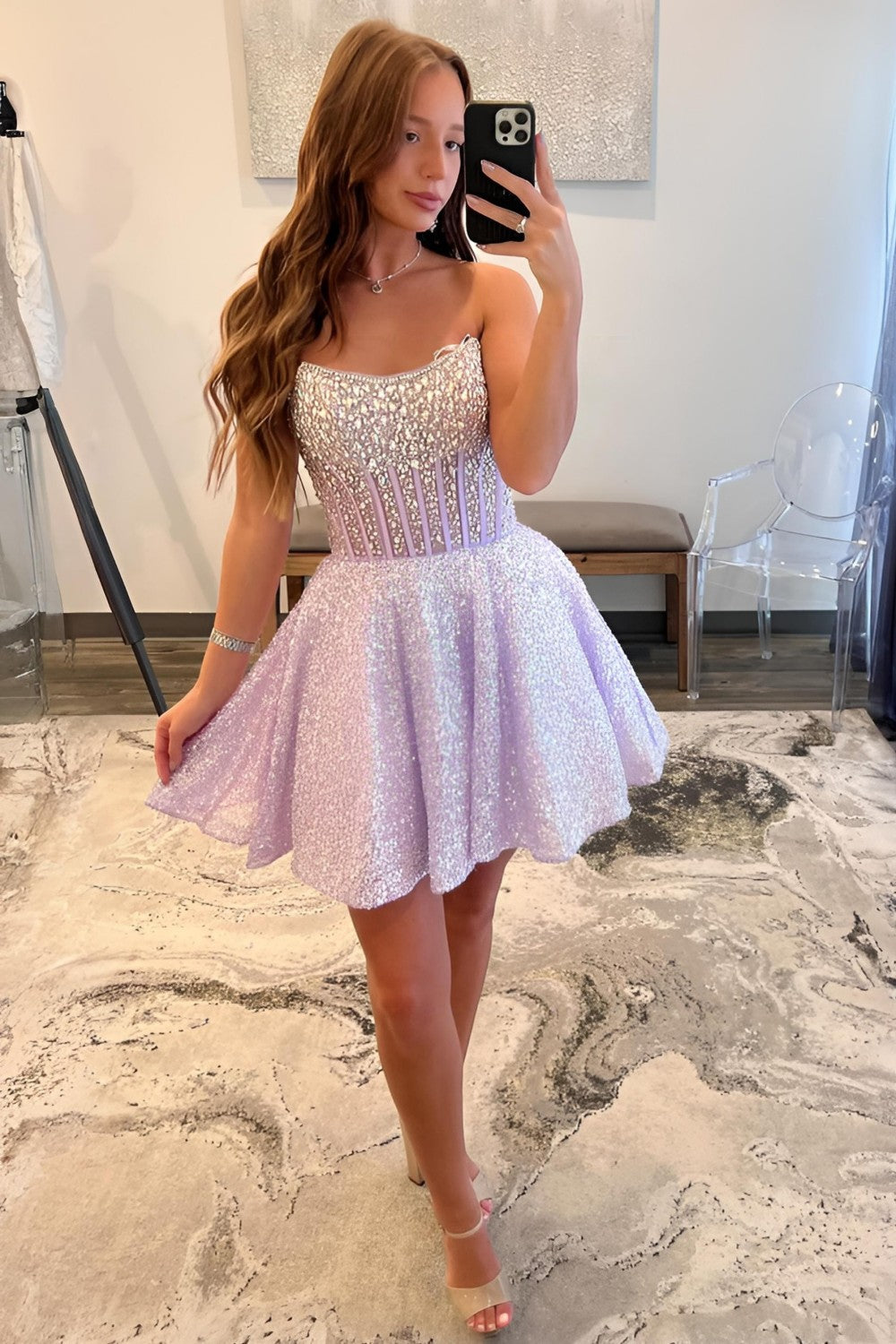 Sparkly Lilac Sequin Homecoming Dress with Crystal Corset Bodice and Flare Skirt