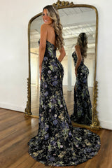 Stunning Black Floral Lace-Up Sequin Prom Gown with Plunge Neckline and Slit
