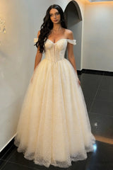 Off-Shoulder Light Yellow Prom Gown with Glitter Pearls and Tulle Skirt