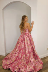 Pink Floral Jacquard Strapless Corset A-Line Prom Ball Gown