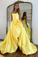 Strapless Corset Prom Dress with Rosette Accent and Side High Slit