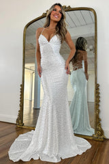 Stunning White Mermaid Prom Dress with Spaghetti Straps, Pearls & Lace-Up Closure